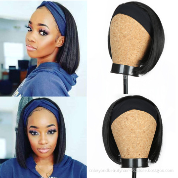 14 Inch Short Bob Straight Headband Wigs for Black Women Afro Straight Wig with Scarf Synthetic Cosplay Bob Straight Turban Wig